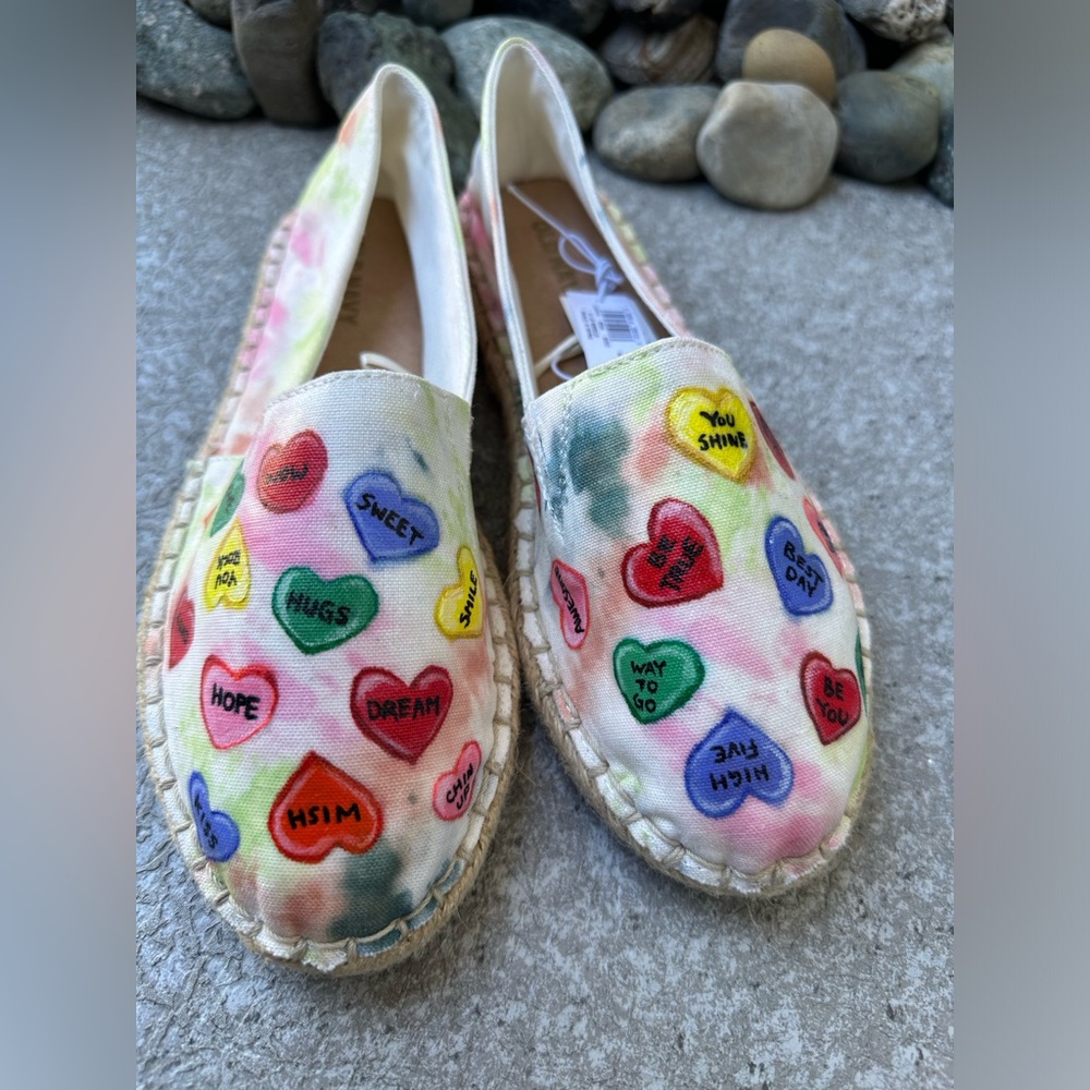 Handpainted Canvas Espadrilles with Conversation Heart Print - Multicolor Size 6